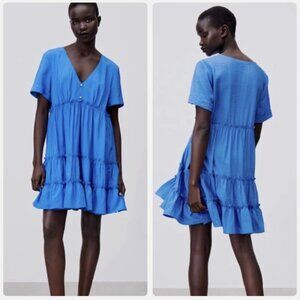 Zara Tiered Ruffle Mini Dress Bright Blue Embellished Size XS